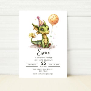Editable Printable Dragon Birthday Invite Template Cute Kawaii Minimalist Simple Party Invitation Mobile Phone  E Invitation Digital