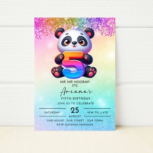 Editable Panda 5th Birthday Invitation Panda Party Rainbow  Birthday Glitter Birthday Girl Printable Mobile Invitation Digital fifth