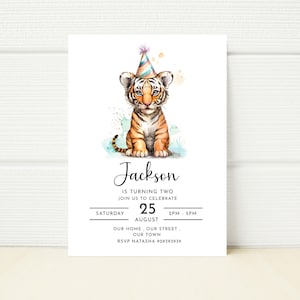 Invitation de fête d'anniversaire tigre modifiable Wild Party Zoo Jungle Safari Party Invitation numérique E Invitation mobile SMS imprimable