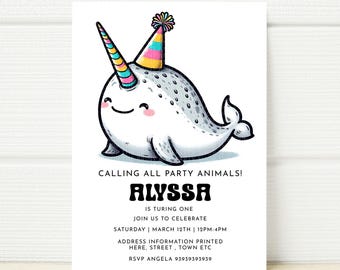 Puede incluir: Una invitación a una fiesta de cumpleaños con un narval de dibujos animados que lleva un gorro de fiesta. La invitación dice "Calling all party animals! Alyssa is turning one. Join us to celebrate Saturday, March 12th, 12pm-4pm. Address information printed here, street, town etc. RSVP Angela 93939393939."