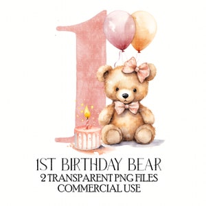 Anniversaire nounours numéro 1 anniversaire ballons 1er anniversaire premier clipart sublimation téléchargement immédiat PNG rose et orange fichiers fille