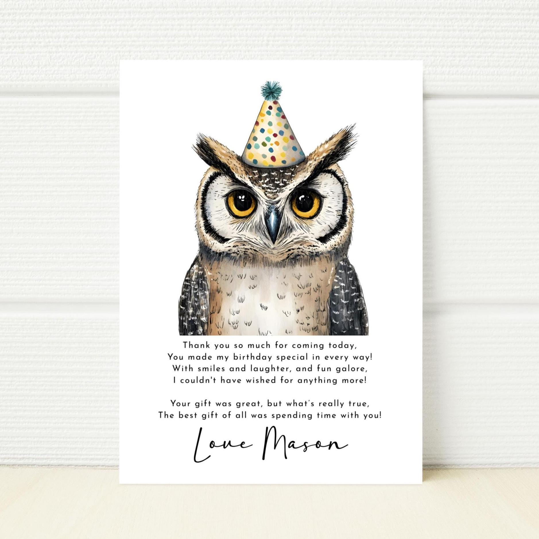 Owl Birthday Thank You Card, Printable E-Invite (Editable Template)