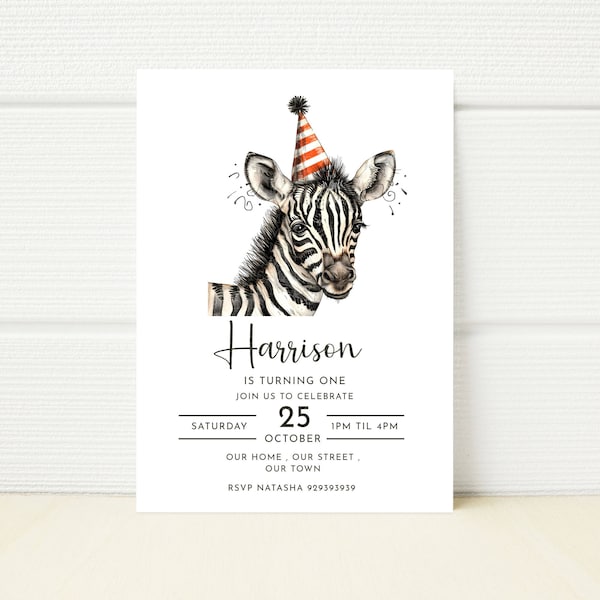 Editable Baby Zebra  Birthday Party Invitation Phone Digital E invitation Mobile Invite Text Message Printable download Safari Jungle