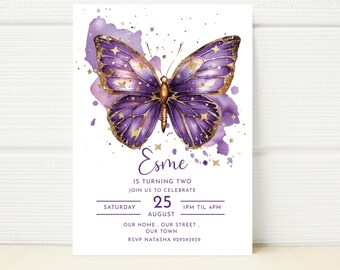 Purple Butterfly Birthday Invitation, Editable Glitter Party Invite (Digital)