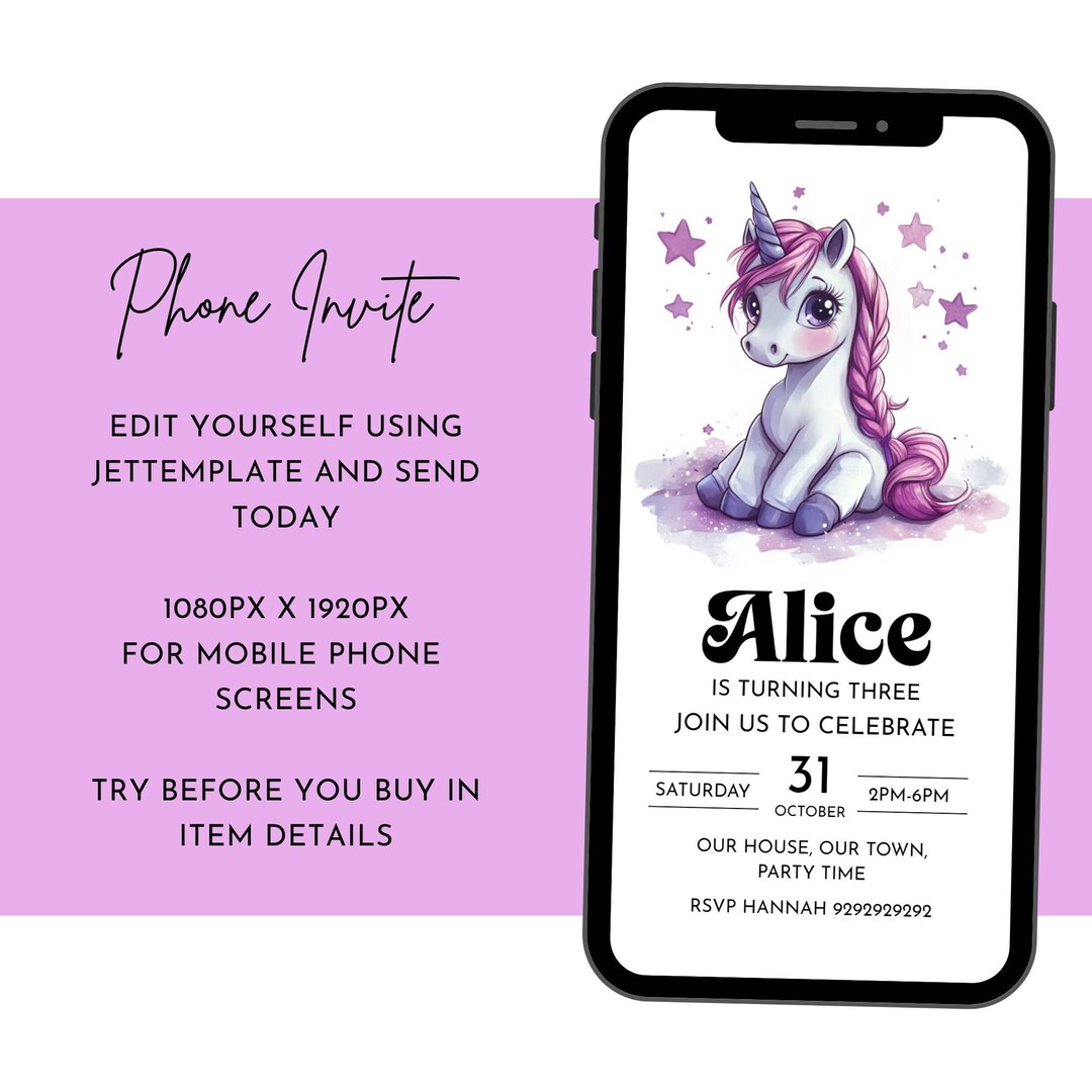 Unicorn Mobile Phone Birthday Invitation Magical Purple Pink Unicorn ...