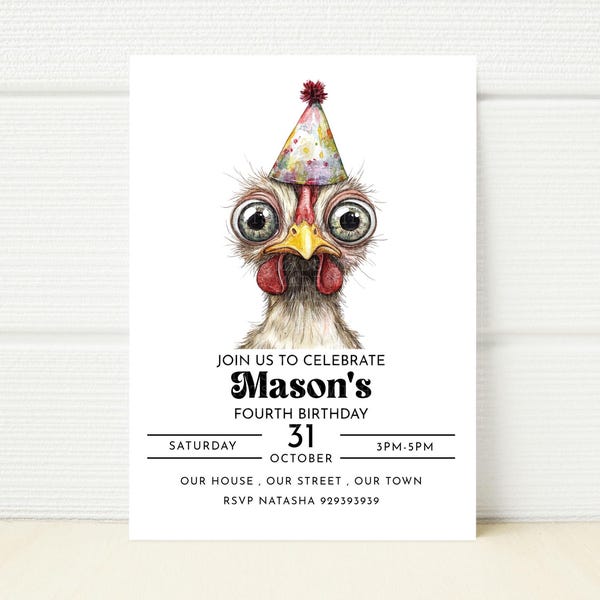 Chicken Birthday Party Invitation, Wild Jungle Theme (Editable Template)