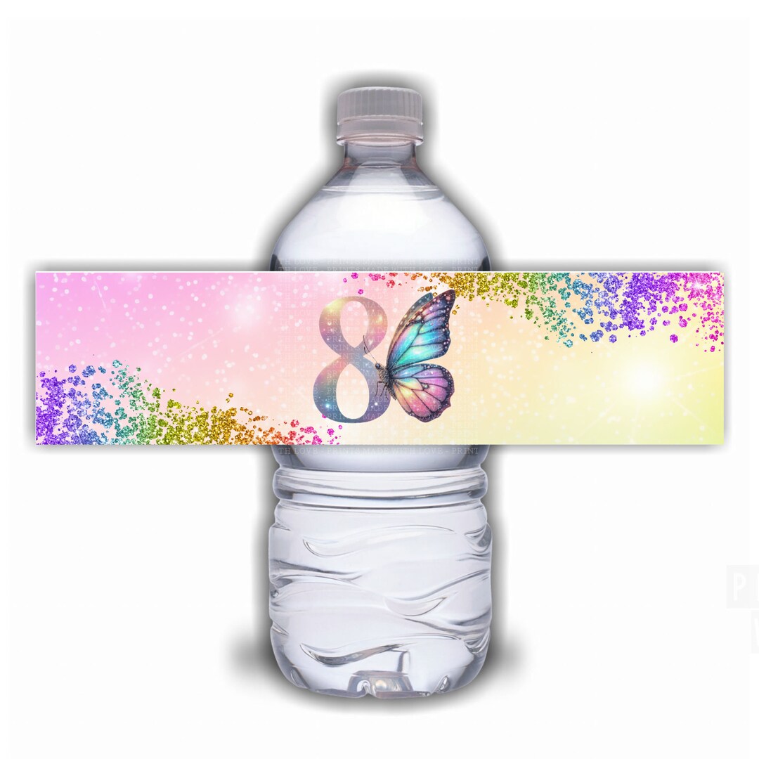 8th Birthday Rainbow Butterfly Water Bottle Labels Personalised ...
