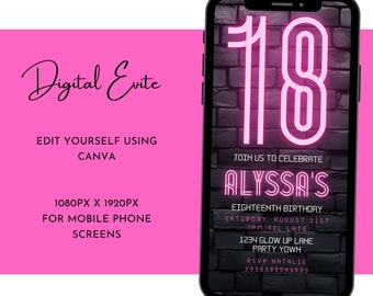 18th Birthday Party Invitation Neon UV Canva Template Editable Pink And Black Glow Party Officially an Adult Mobile Phone Text Digital