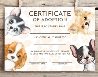 Puppy Adoption Certificate, Pet Birthday Party Printable (Digital Download)