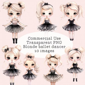 Ballerina Clipart Tutu nero Ballet Girl Capelli biondi Sublimazione Design Card Making Badge Adesivo Piccolo uso commerciale Ballerino 10 immagini