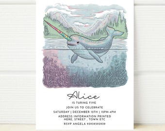 May include: A whimsical invitation for a 5th birthday party featuring a narwhal with a rainbow horn swimming in a blue and purple ocean. The invitation reads "Alice is turning five, join us to celebrate, Saturday, December 12th, 12pm-4pm, address information printed here, street, town etc, RSVP Angela 93939393939".