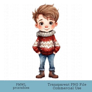 Ragazzo invernale Clipart Casual Maglione Jeans Stivali Teen Sublimazione Immagine Bambola Creazione di cartoline Creazione di badge Scrapbooking Cute bruna di Natale