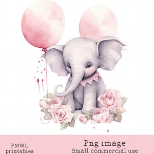 Babyolifant roze ballonnen verjaardag baby shower doop sublimatie afbeelding babymeisje kleine commerciële gebruik digitale download