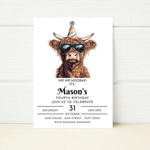 Highland Cow Birthday Party Invitation Farm Party Digital Template Printable  4th 5th 6th  Invite Cute Kawaii Minimalist Download Birthday