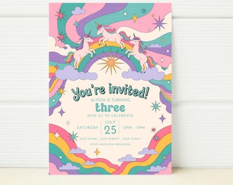 May include: A vibrant invitation card with a retro design. The card features three unicorns above a rainbow, with the text "You're invited!" and details for a third birthday party. The colour scheme includes pink, purple, yellow, and blue.