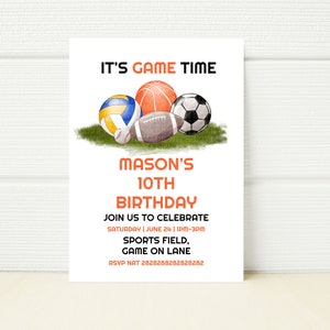 Sports Birthday Party Invitation Basketball Baseball Soccer Football Rugby Track Editable Template Download Printable