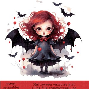 Vampire fille chauves-souris Halloween clipart sublimation t-shirt fabrication de cartes fabrication de badges fabrication de bonbons ou de friandises sac image téléchargement instantané commercial