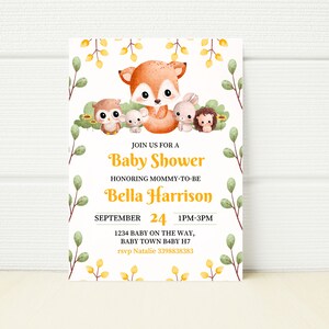 Woodland Baby Shower Invitation Editable Template Invite Gender Neutral Printable Invitation JPG PDF Mother to be Fox , Hedgehog , Rabbit