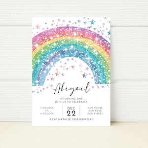 Bearbeitbare Regenbogen-Geburtstags-Einladung Niedliche Regenbogen-Funkel-Sternchen-Party einladen Digitale Handy-Druckvorlage-Party