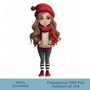 Ragazza invernale Clipart Casual Maglione Jeans Stivali Teen Sublimazione Immagine Bambola Creazione di cartoline Creazione di badge Scrapbooking Bruna di Natale alta