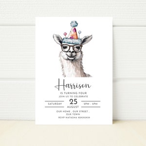 Bewerkbare alpaca uitnodiging uitnodigen afdrukbare digitale elektronische mobiele telefoon downloaden SMS-bericht verjaardagsfeestje meisje jongen wilde jongen meisje