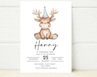 Moose Birthday Invitation, Winter Party, Wild One (Digital)