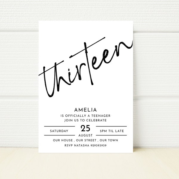 Minimalist 13th Birthday Party Invitation Editable Monochrome Black and White Thirteen Thirteenth Birthday Party Officially a Teenager