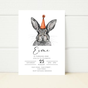 Convite para festa de aniversário de coelho editável, convite para meninos e meninas, modelo digital, editável para celular, minimalista, animais de estimação, festa de animais, festa de fazenda, coelho