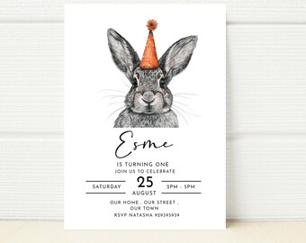 Rabbit Birthday Invitation, Bunny Party (Digital Template)