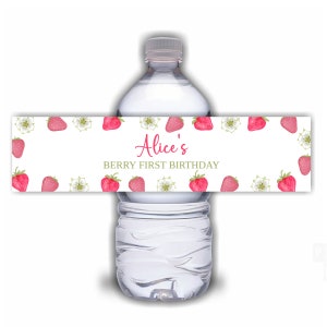 Strawberry birthday party | Party decor | Water bottle label | Berry birthday | Editable template | digital file | print your own