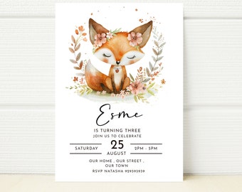 May include: A printable invitation for a child's third birthday party. The invitation features a watercolor illustration of a fox wearing a flower crown. The text on the invitation reads "Esme is turning three, join us to celebrate, Saturday, August 25, 2PM-5PM, Our home, our street, our town, RSVP Natasha 929393939".