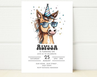 May include: A white birthday invitation featuring a cartoon horse wearing glasses and a party hat. The card includes the name "Alyssa", the age, date, time, and RSVP details for the celebration.