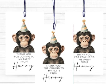 Monkey Birthday Thank You Tags, Editable Party Favors (Digital File)