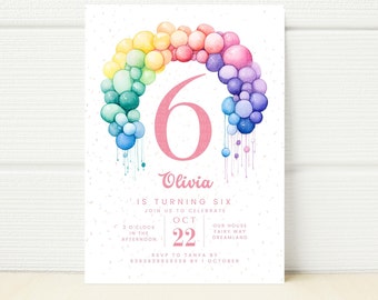 Pastel Rainbow 6th Birthday Invitation, Balloon Arch (Canva Template)