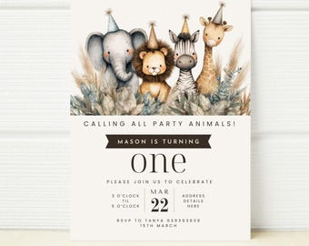 May include: A birthday invitation with watercolor illustrations of an elephant, lion, zebra, and giraffe wearing party hats. The text reads "CALLING ALL PARTY ANIMALS!" and "MASON IS TURNING ONE". Details include the date, time, and RSVP information.