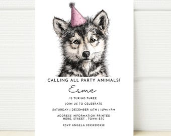 Wolf Birthday Invitation Girl, Wild Party Invite (Digital Template)