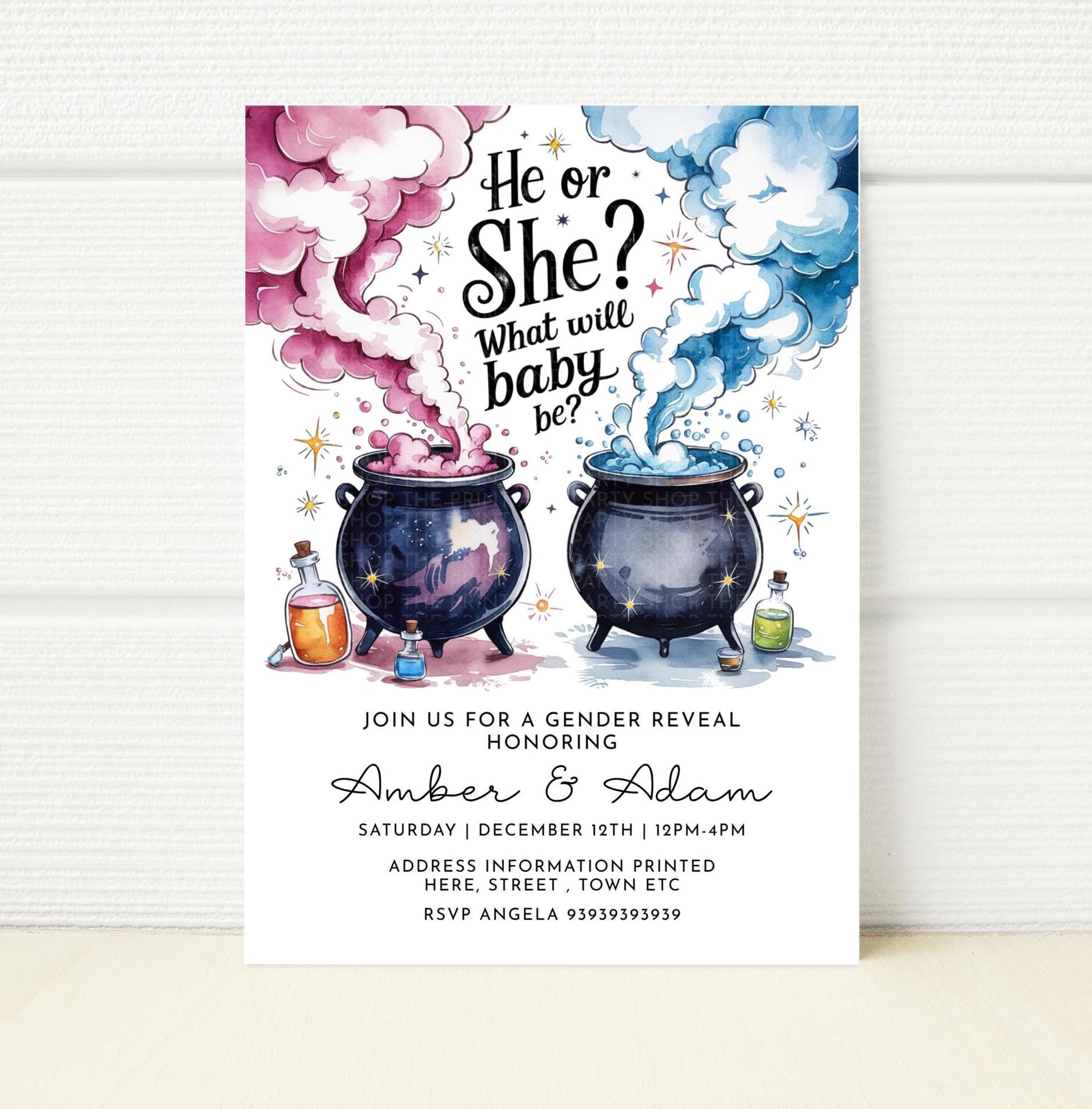 Magical Gender Reveal Invitation Printable Wizard Witch Baby brewing Template Editable He or She What will Baby be? Download JPG Boy girl