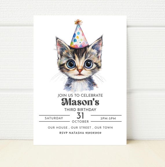Editable Cat Birthday Invitation Cute Party Invite Digital Mobile