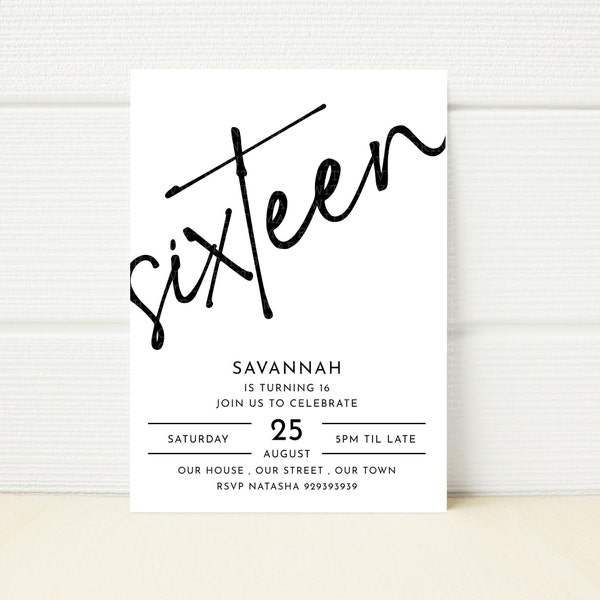 Minimalist 16th Birthday Party Invitation Editable Monochrome Black and White -Sixteen Sixteenth sweet sixteenth Birthday Party