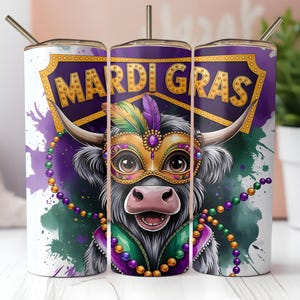マルディグラ ハイランド カウ タンブラー ラップ 20 オンス スキニー タンブラー 昇華デザイン タンブラー ニューオーリンズ デザイン 水彩 PNG