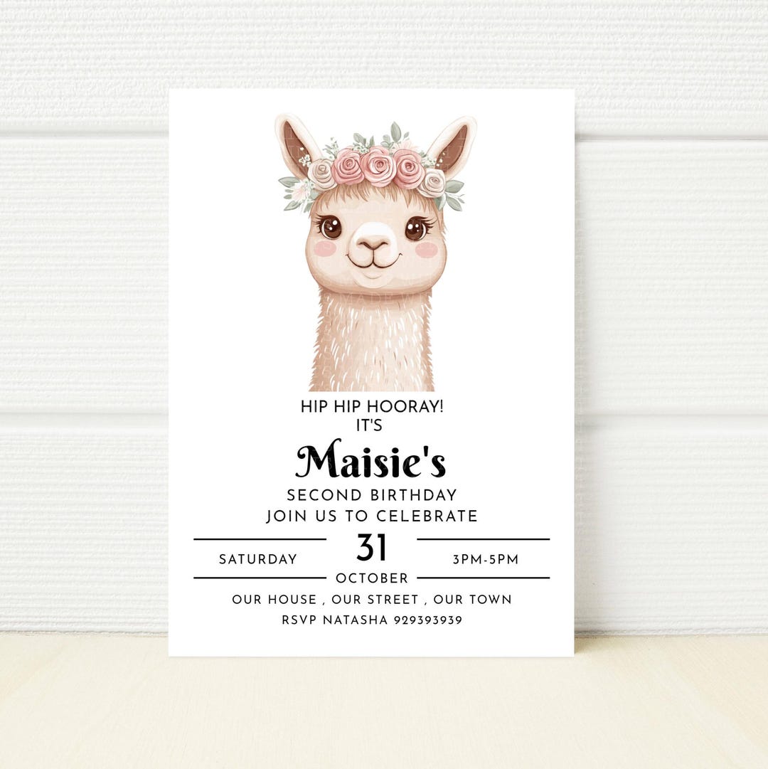 Alpaca Birthday Invite Cute Party Invite Floral Llama Digital Mobile ...