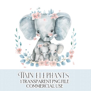 Muttertags-Clipart, Elefanten, Mutter und Zwillinge, Mama, Zwillinge, Junge und Mädchen, Aquarell, Mumie, Sublimationsdesign, Kartenherstellung, sofortiger Download