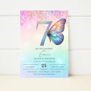 Editable Butterfly Invitation 7th Birthday Rainbow Invitation Glitter Party Girls Invitation Digital  E Invite invitation seventh