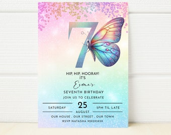 Butterfly 7th Birthday Invitation, Rainbow Glitter Party (Digital E-Invite)