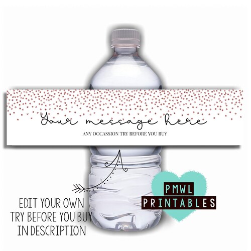 Rose gold water bottle label template , print your own , digital file , birthday party , sparkle , glitter , bridal shower , party plan