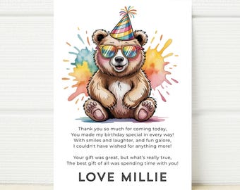 Bear Birthday Thank You Card, Editable Template (Digital)
