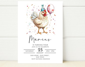 May include: A birthday invitation featuring a cartoon illustration of a white chicken wearing a party hat and holding a pink balloon. The text on the invitation reads "Marcus is turning four, join us to celebrate Saturday, August 25, 2PM - 5PM, our home, our street, our town, RSVP Natasha 929393939".