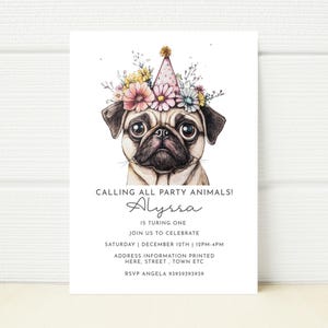 Bearbeitbares Blumen Mops Hund Geburtstagsparty einladen Haustier-Shop Bearbeitbares Telefon Digital E Einladung Mobile Invite Textnachricht Druckfertiger Download