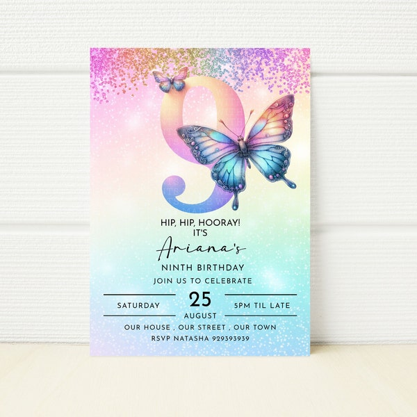 Butterfly 9th Birthday Invitation Rainbow Invite Glitter Party Girls Invitation Digital  E Invite invitation ninth nine