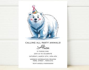 May include: A birthday party invitation featuring a watercolor illustration of a polar bear wearing a colorful party hat. The text reads "Calling all party animals! Alice is turning one. Join us to celebrate Saturday | March 12th | 12PM-4PM. Address information printed here, street, town etc. RSVP Angela 93939393939."